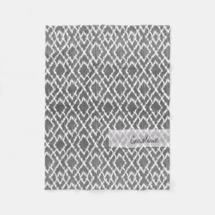 Monogram Charcoal Gray Tribal Ikat Diamond Pattern Fleece Blanket