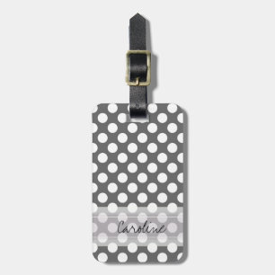 Monogram Charcoal Gray White Polka Dot Pattern Luggage Tag