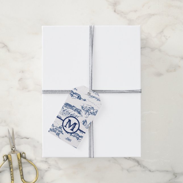 Monogram Chattanooga Toile Blue Gift Tags (With Twine)