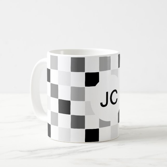 Monogram Checkered Black and White Modern Simple Coffee Mug (Front Left)