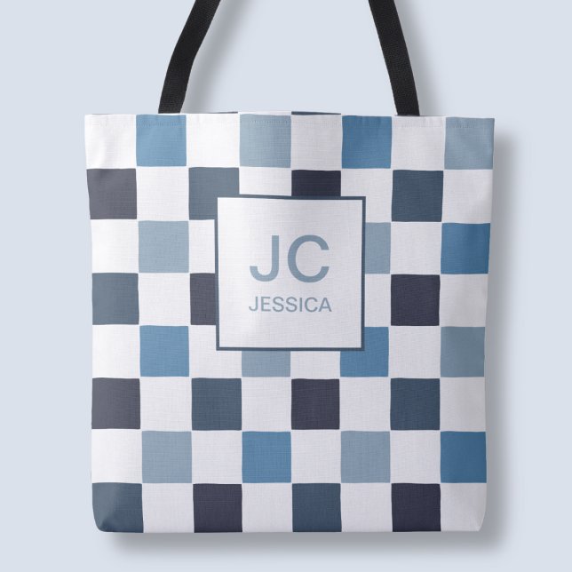 Monogram Checkered Blue Modern Simple Initals Chic Tote Bag (Monogram Checkered Blue Modern Simple Initals Chic Tote Bag)