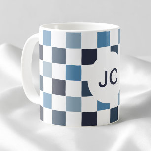 Monogram Checkered Blue White Modern Simple Coffee Mug