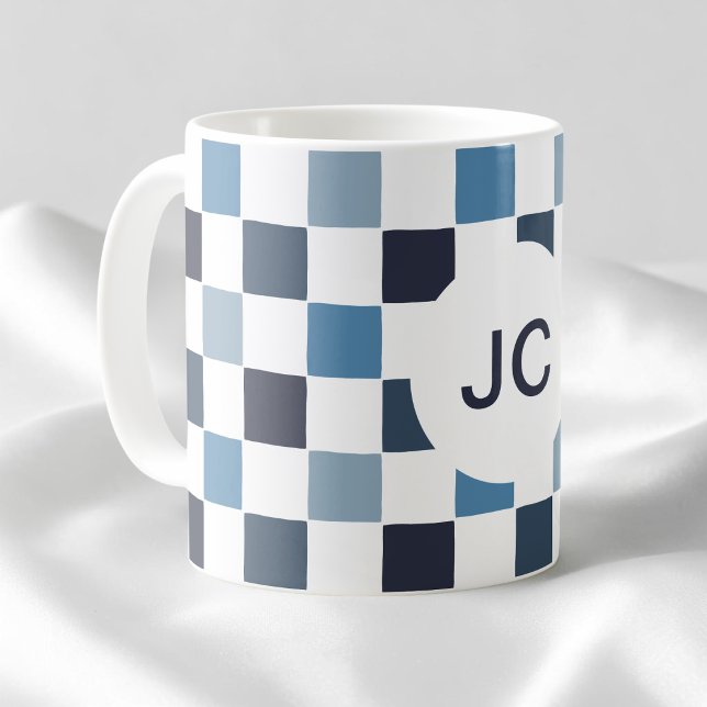 Monogram Checkered Blue White Modern Simple Coffee Mug (Monogram Checkered Blue White Modern Simple Coffee Mug)
