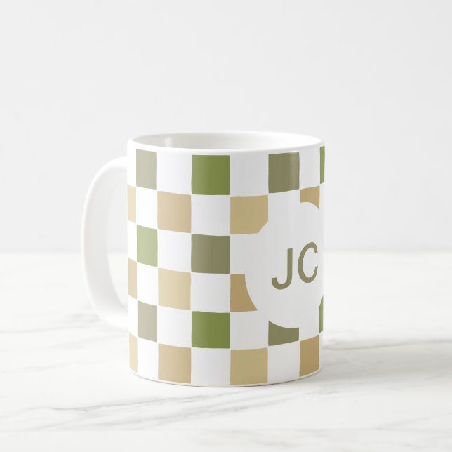 Monogram Checkered Green Beige Modern Simple Coffee Mug (Front Left)