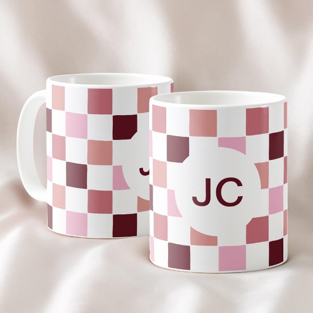 Monogram Checkered Pink Burgundy Modern Simple Coffee Mug (Monogram Checkered Pink Burgundy Modern Simple Coffee Mug)