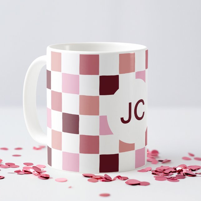 Monogram Checkered Pink Burgundy Modern Simple Coffee Mug (Monogram Checkered Pink Burgundy Modern Simple Coffee Mug)