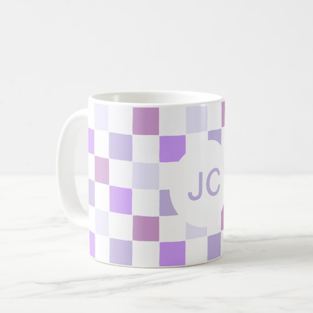 Monogram Checkered Purple Lavender Modern Simple Coffee Mug (Front Left)
