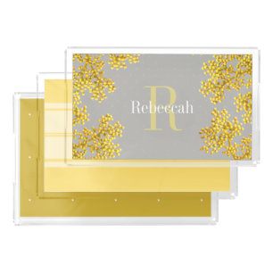 Monogram   Cheery Golden Flower Buds & Grey Acrylic Tray