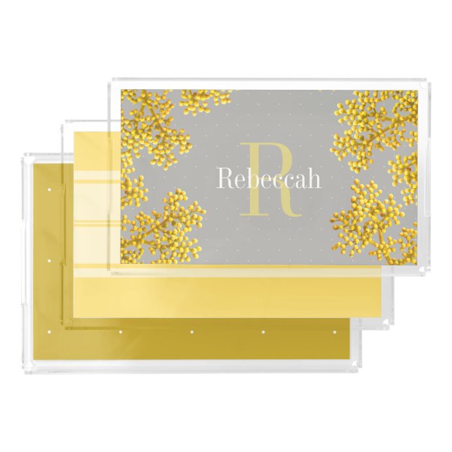 Monogram | Cheery Golden Flower Buds & Grey Acrylic Tray (Set)