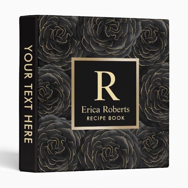 Monogram Chef Recipe Modern Black & Gold Floral 3 Ring Binder (Front/Spine)