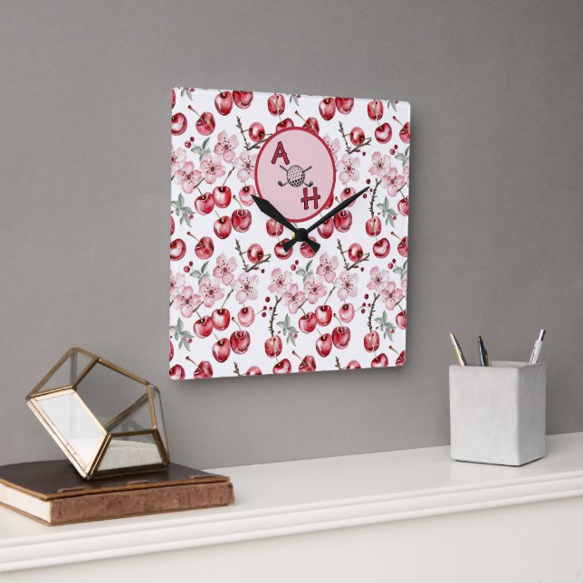 Monogram Cherry Blossom Golf-Themed Personalized Square Wall Clock (Office)