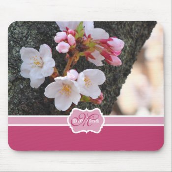 Monogram Cherry Blossom Sakura Blooming Tree Trunk Mouse Pad by BeverlyClaire at Zazzle