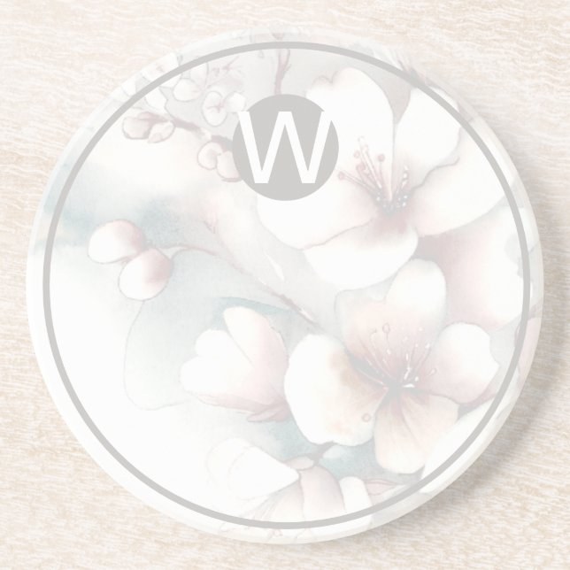 Monogram Cherry Blossom Sandstone Coaster (Front)