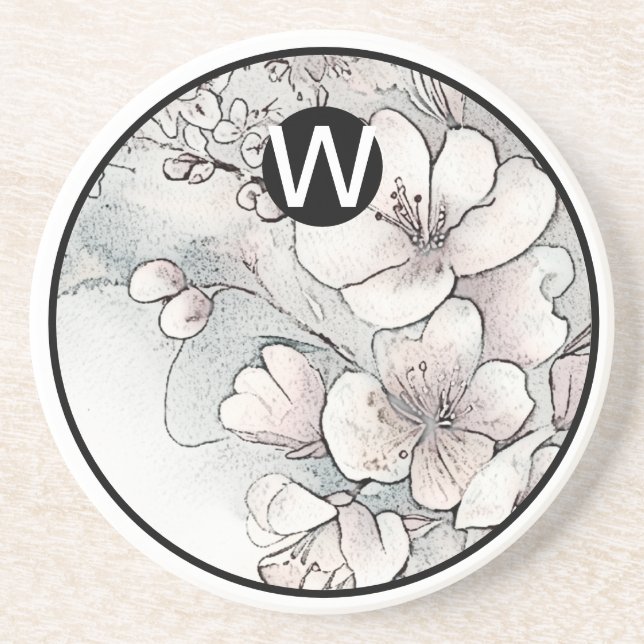Monogram Cherry Blossom Sandstone Coaster (Front)