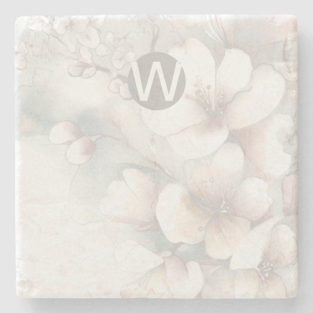 Monogram Cherry Blossom Stone Coaster (Front)