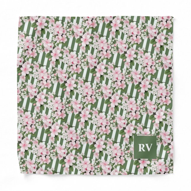 Monogram Cherry Blossoms Wedding Pocket Square Bandana (Front)