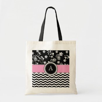 Monogram Chevron And Foral Pattern Tote Bag by stripedhope at Zazzle