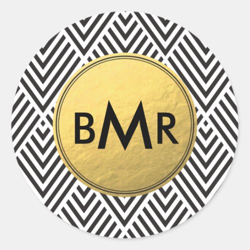 Monogram Chevron Argyle with Gold Faux Foil Classic Round Sticker