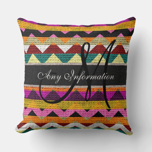 Monogram Chevron Burlap Rustic #7 Throw Pillow (Front)