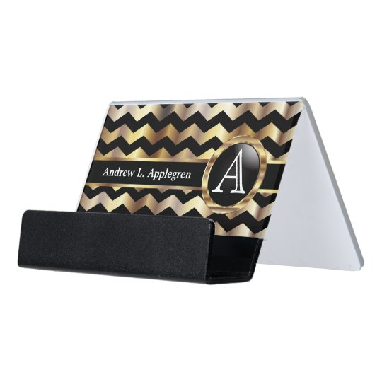 Monogram Chevron Gold And Black Desk Business Card Holder