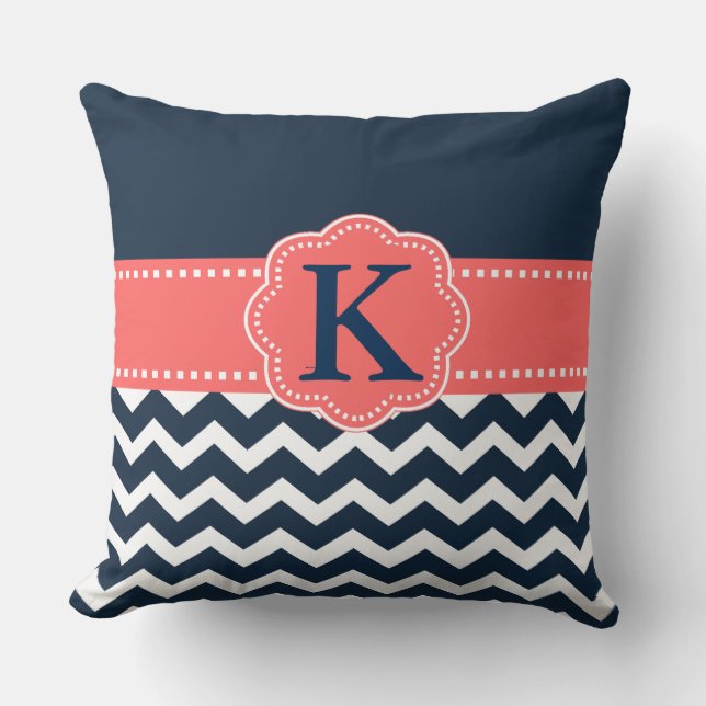 "Monogram Chevron in Navy/Coral" THROW PILLOW (Front)