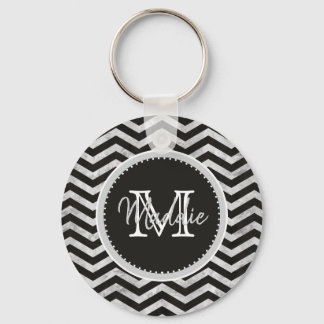 Monogram, Chevron, Pattern, Black, Silver Keychain