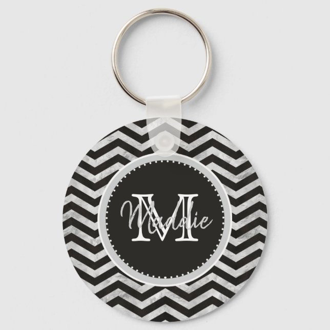 Monogram, Chevron, Pattern, Black, Silver Keychain (Front)