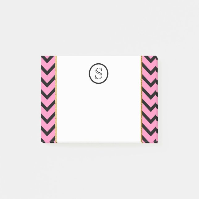 Monogram chevron personalized pink black gold post-it notes (Front)