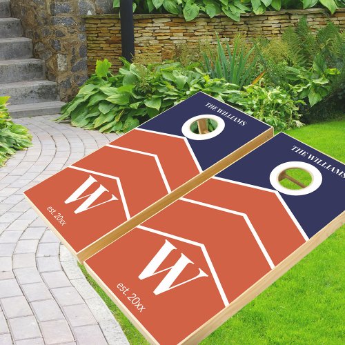 Monogram Chevron Striped Blue Orange Color Block Cornhole Set