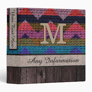 Monogram Chevron Zigzag Pattern Burlap Look Wood 2 3 Ring Binder
