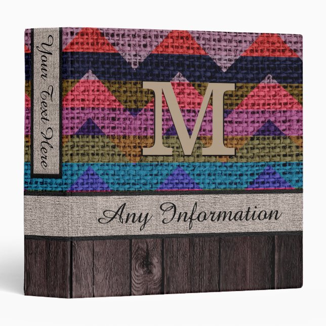 Monogram Chevron Zigzag Pattern Burlap Look Wood 2 3 Ring Binder (Front/Spine)