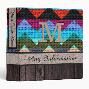 Monogram Chevron Zigzag Pattern Burlap Look Wood 9 Binder