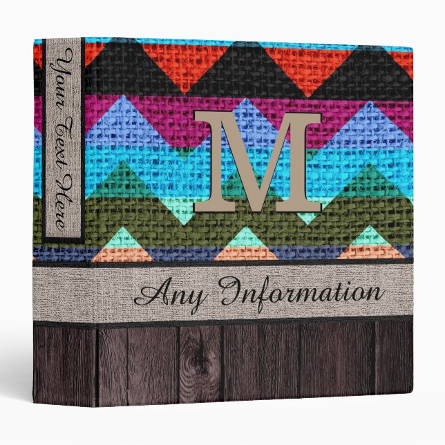 Monogram Chevron Zigzag Pattern Burlap Look Wood 9 Binder (Front/Spine)