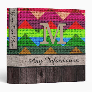 Monogram Chevron Zigzag Pattern Burlap Look Wood Binder