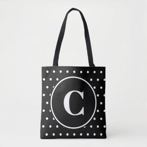 Monogram Chic Black White Polka Dots Tote Bag