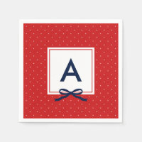 Monogram Chic Blue Ribbon Red and White Polka Dot Napkin