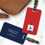 Monogram Chic Blue Ribbon Red Polka Dot Luggage Tag<br><div class="desc">Travel in style with this chic monogram luggage tag featuring a red bordered square with a blue ribbon against a red and white polka dot pattern. Personalize it by replacing the placeholder text. For more options such as to change the font and it's size/color or the spacing between letters click...</div>