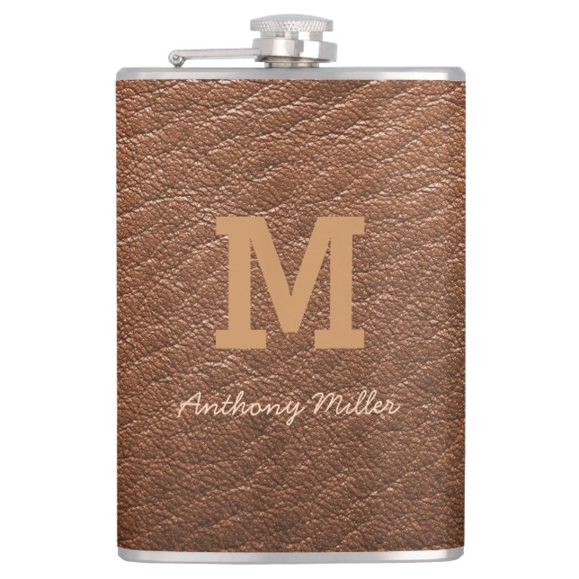 Monogram Chic Brown Leather Name Script Modern Flask (Front)