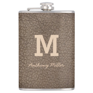 Monogram Chic Brown Leather Name Script Modern Flask