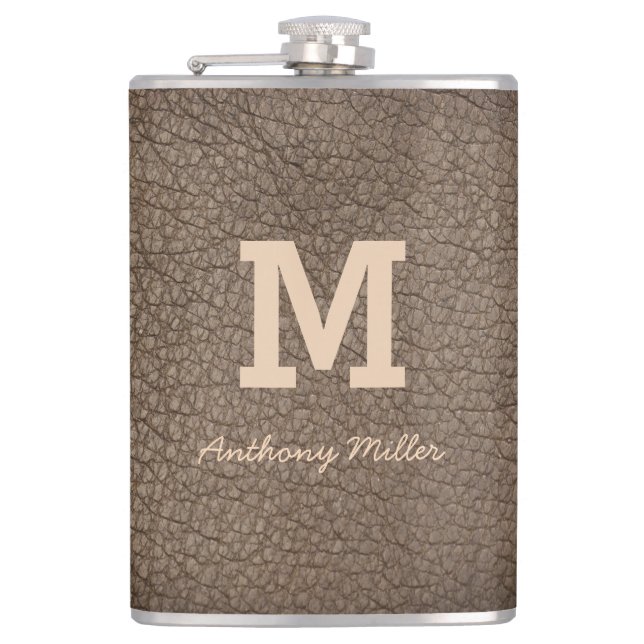 Monogram Chic Brown Leather Name Script Modern Flask (Front)