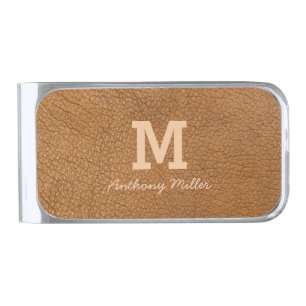 Monogram Chic Brown Leather Name Script Modern Silver Finish Money Clip