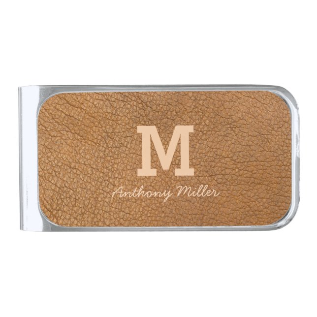 Monogram Chic Brown Leather Name Script Modern Silver Finish Money Clip (Front)