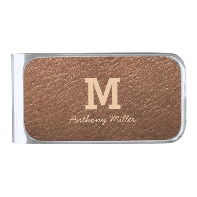 Monogram Chic Brown Leather Name Script Modern Silver Finish Money Clip (Front)