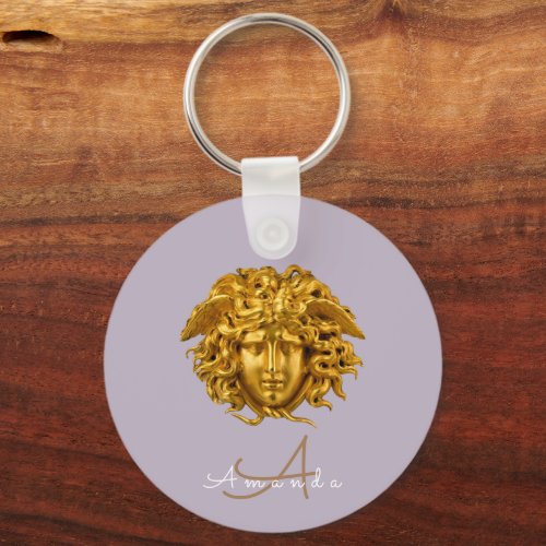 Monogram Chic Couture Gold Medusa Mask Dusty Lilac Keychain