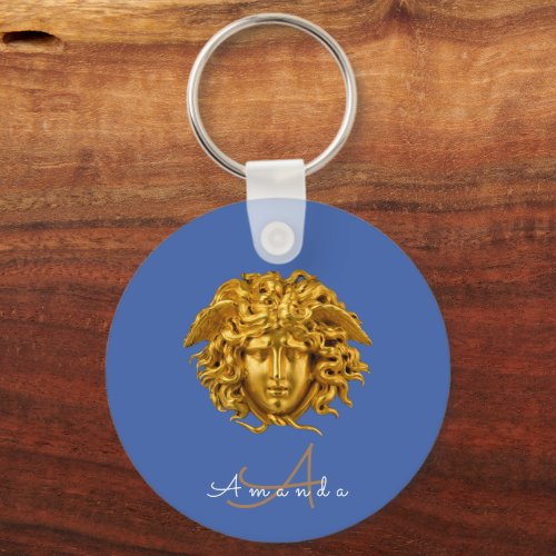 Monogram Chic Couture Gold Medusa Mask French Blue Keychain