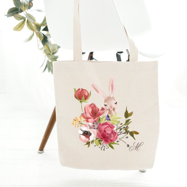 Monogram Chic Floral Bunny Rabbit Easter Tote Bag (Creator Uploaded)