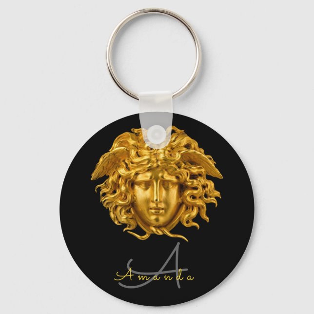 Monogram Chic French Gold Medusa Mask Black Keychain (Front)