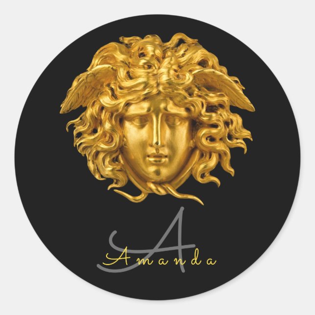 Monogram Chic French Gold Medusa Mask Classic Round Sticker (Front)