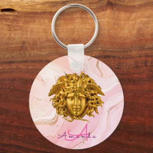 Monogram Chic French Gold Medusa Mask Pink Marble Keychain