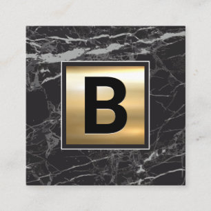 Monogram Chic Gold Metal Black Marble Square Business Card